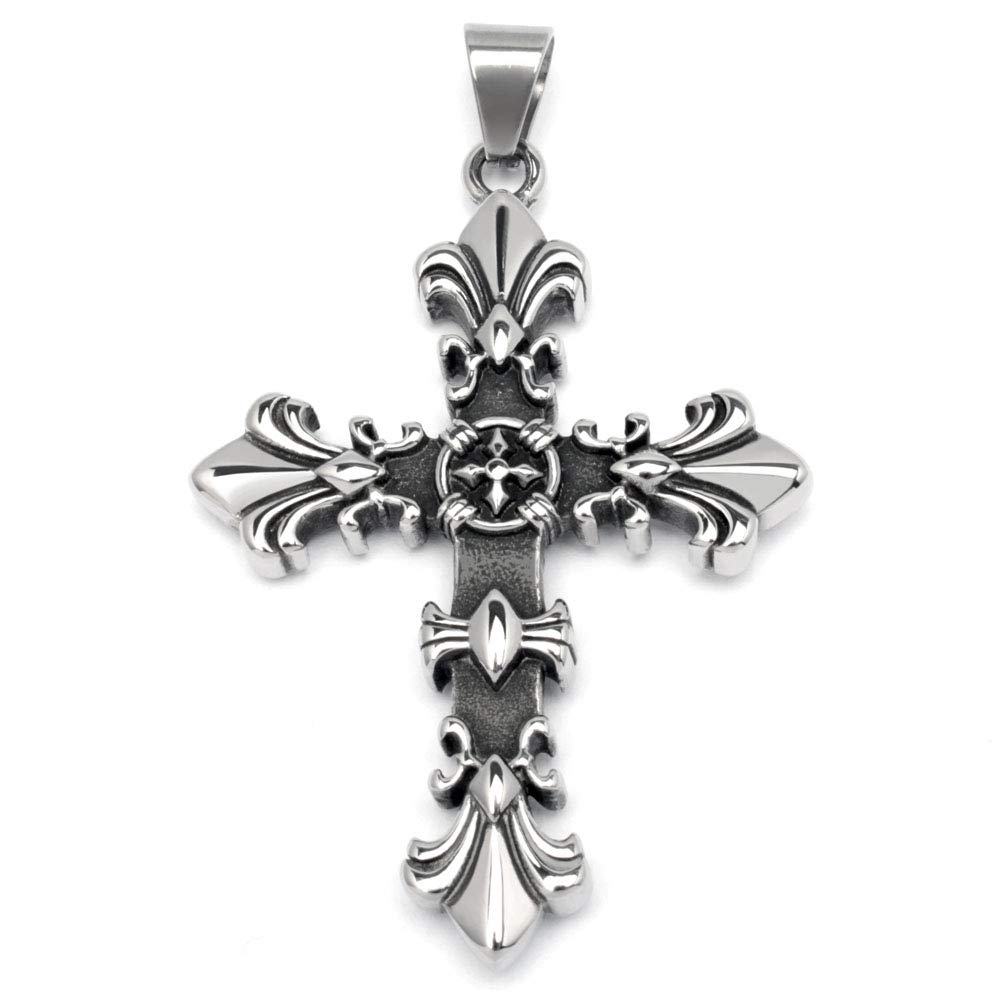 Lilien-Kreuz Anhänger mit Königskette Gothic Kreuz 316L Edelstahl Silber Fleur de Lis Halskette Kette Bikerschmuck Männerschmuck Geschenk