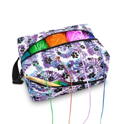 Surwin Garn Aufbewahrung Tasche, Tie Dye Stil Handarbeitstasche Häkeln Wolltasche Aufbewahrung mit Schultergurt Stricken Aufbewahrungstasche Tasche Stricken Aufbewahrung (Hundepfote Drucken)