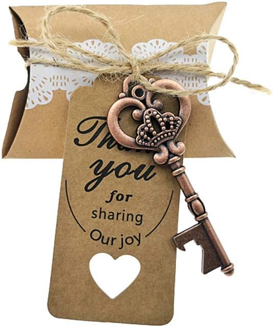 50% Off Discount Kinteshun Wedding Party Favor Set,Skeleton Key Bottle Openers Candy Boxes Escort Tags and Jute Rope Souvenir Gift Set(Red Copper Tone,50 sets with 5 Styles)