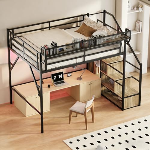 Image of Queen Size Metal Loft Bed with Storage Shelf Built-in USB Port | Heavy Duty Loft Bed with Storage Stairs & Wardrobe+ LED Lights, Large Under-Bed Area, Noise Free, No Box Spring Needed