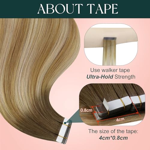Image of Easyouth Human Hair Extensions Tape in Ombre Hair Extensions Tape Balayage Medium Brown to Honey Blonde Mixed Platinum Blonde Adhesive Tape Hair Extension Easy to Apply 50g 20pcs 22 Inch