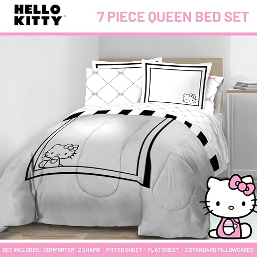 Image of Sanrio Hello Kitty Queen Comforter Set 7 Piece Bedding for Girls, White