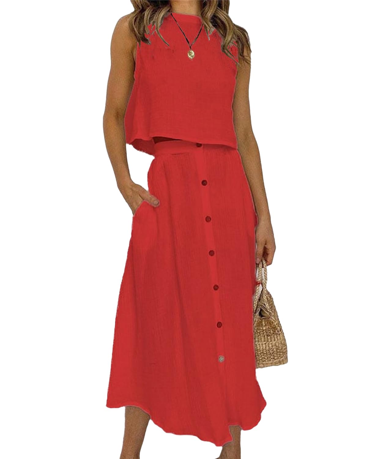Robe Deux pièces pour Femmes Robe d'été élégante Jupe de Costume col Rond débardeur + Jupe à Boutons Ensemble Deux pièces Robe Longue Unie