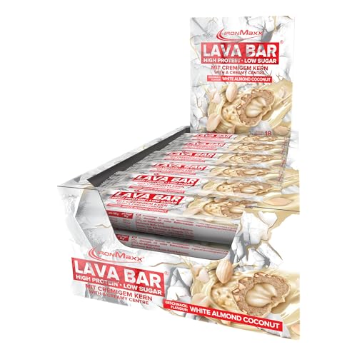 IronMaxx Lava Protein Bar - White Almond Coconut - 18x40g | Barrita alta en proteínas con núcleo cremoso y cobertura de cacahuete y caramelo | Baja en azúcar y sin aceite de palma