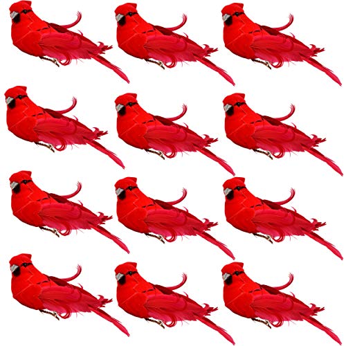 Gift Boutique Christmas Cardinal Bird Tree Clip On Set of 12 Holiday Artificial Cardinals Birds Ornaments with Red Feathers for Tree Wreath Garland Crafts Decorations 5 Inch Tall