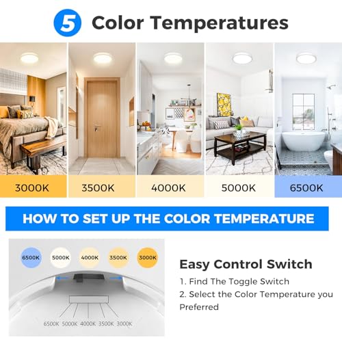 Image of Peasur Flat LED Ceiling Light, 5 Colours, 3000 /3500 /4000 /5000 /6500K, IP54 Waterproof Bathroom Light Fixture, 15 W Modern Round Ceiling Light for Bathroom, Hallway, Bedroom, Basement, Living Room