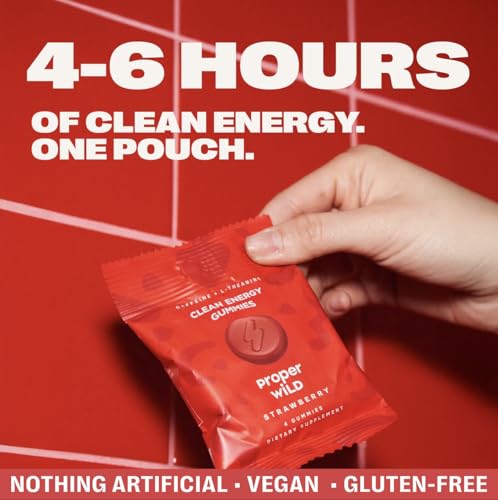 Image of Proper Wild Clean Energy Gummies and Chews for Focus, Strawberry, 10-Pack | Reduced Jitters, 100mg Natural Caffeine Gummies with L-Theanine, Plant-Based, No Artificial Sweeteners, Reduced Crash
