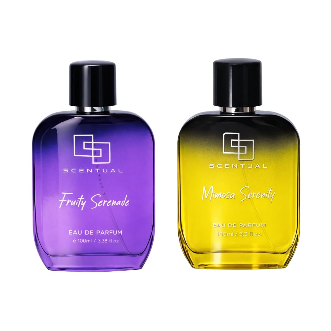 Scentual Perfume Fruity Serenade & Mimosa Serenity EDP (Pack of 2) For Men & Women | Long Fragrance Duo with Cassis, May Rose & Mimosa | Modern Lifestyle Scents for All Occasions (100mlx2)