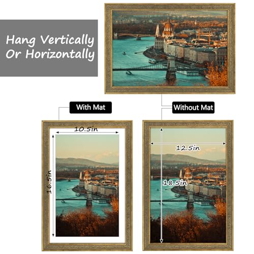 Image of Golden State Art, 13x19 Ornate Finish Photo Frame with White Mat for 11x17 Picture & Real Glass. Color: Distressed Gold