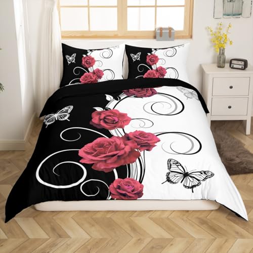 Erosebridal Valentine Day Duvet Cover for Boys Girls,Flower Butterfly Bedding Set Toddler,Pink Rose Bed Sets,Rustic Wildlife Quilt Cover with 1 Pillowcase for Bedroom