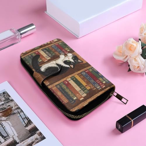 Image of COEQINE Ladies Wallets Pink Leopard Heart Black Printed Leather Phone Long Clutch Purses Check Coin Change Holder