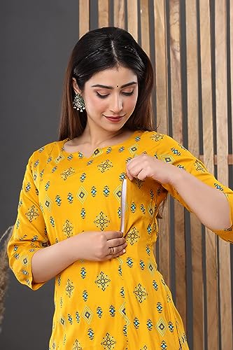 Image of Vinny's Creation Women's Cotton Maternity Kurti | Floral Printed Feeding Kurta with Hidden Zipper | Stylish Pregnancy Gown & Nursing Dress for Womens