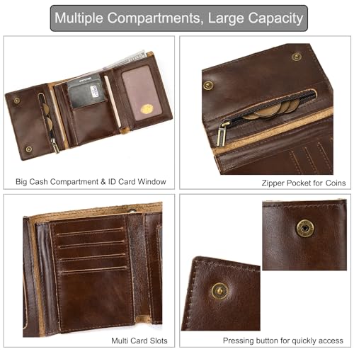 Men's Genuine Leather Short Wallet Trifold Anti-Theft Chain Purse with ID Window Zipper Pocket for Coin Cash Card, Coffee4