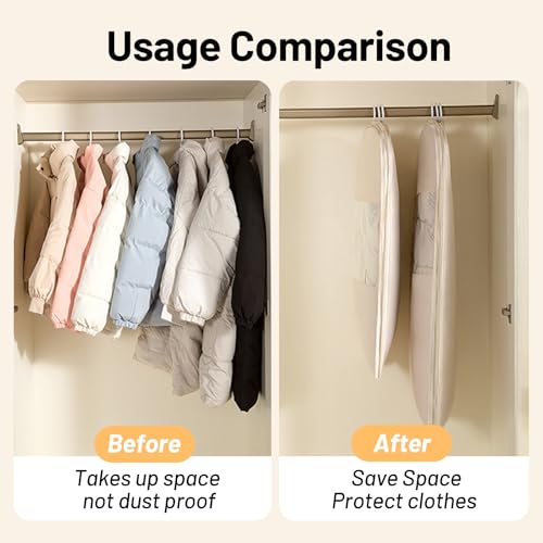Space Saving Hanging Compression Garment Bag with Zipper for Closet Storage, Hanging Clothes Storage Bag, Garment Covers for Coats and Down Jackets, Beige, XL3