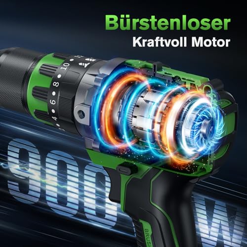 Ginour 21V Bürstenlos Akku Schlagbohrschrauber Set, 90 Nm, 2x2Ah 10C Akku, kompatibel mit Makita 18V Akku &Ladegerät, Schlagbohrfunktion, 22-tlg. Zubehör, 2-Gang, 20+3, 13mm Bohrmaschine Akkuschrauber 2