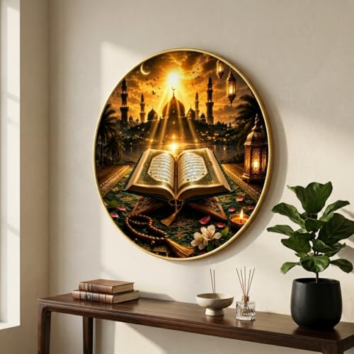 Image of SAF Islamic Quran Round Wall Painting with Premium PVC Golden Frame, Mosque Sunrise Lantern Art, Muslim Religious Home Decor for Prayer Room Living Room (12 x 12 Inch) GRS-429