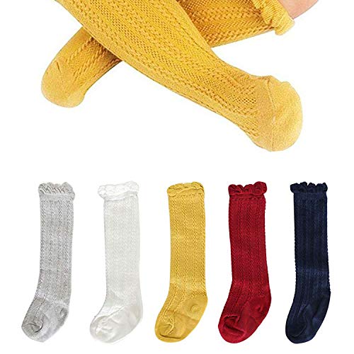 Jiuhong Baby Girl Boy Lace Stockings Knit Knee High Cotton Socks, 5 Pairs (5 Pairs-Style 01, 1-3 Years)