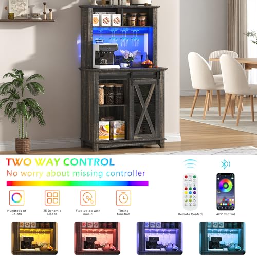 Image of 31.5 inch Wide Farmhouse Coffee Bar Cabinet with LED Light,Wine Bar Cabinet w /2 Storage Hutch,Kitchen Buffet Cabinet w /Sliding Barn Door & Wine and Glass Racks for Kitchen Dining Room(Dark Rustic Oak)