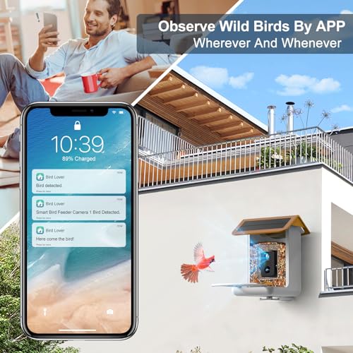 Smart Bird Feeder Camera, Free AI Forever, 32G TF Card & 1080P HD Camera Auto Capture Bird Videos & Solar Panel, App Notify When Birds Detected, Bird House with Built-in Two-Way Microphone