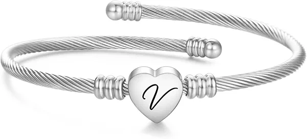 MYNENEY Gold/Rainbow Stainless Steel Bangles Jewery for Birthday Halloween Heart Initial A-Z Letters Bracelets for Girls