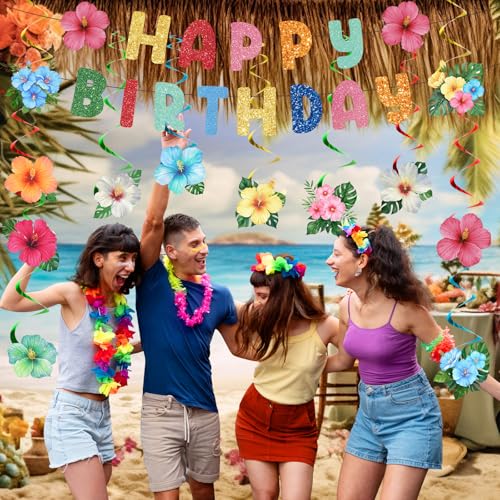 Image of Hawaiian Birthday Party Decorations Hibiscus Flower Birthday Banner and Hanging Swirls for Luau Tropical Aloha Summer Beach Party Decoration Supplies