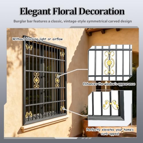 Reja de seguridad floral dorada con estilo vintage para ventanas de hogar 4