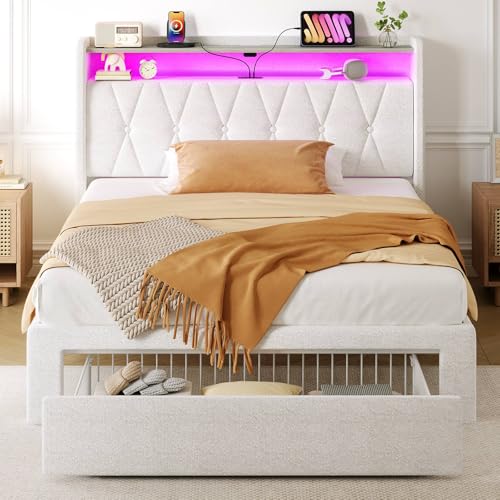 Rolanstar Twin Bed Frame with Drawer, Storage Headboard with Charging Station and LED Lights, Upholstered Bed with Heavy Duty Wood Slats, No Box Spring Needed, Noise Free, Easy Assembly, Beige