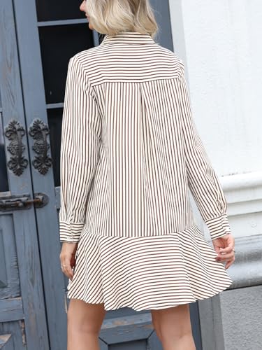 Image of EZAPINE Womens Striped Shirt Mini Dress Long Sleeve Collared Ruffle Hem Button Up Tunic Flowy Swing Dresses