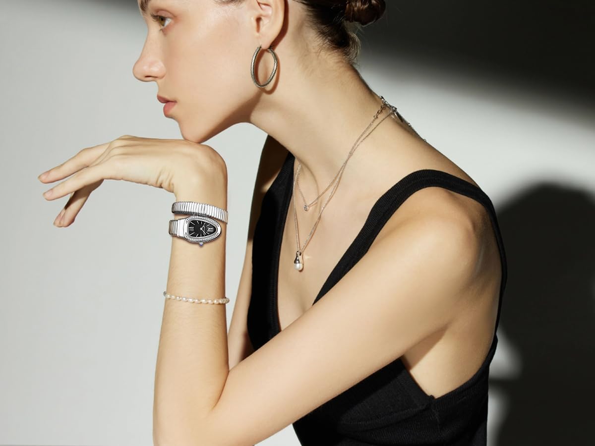 Gosasa Snake Bracelet Watch for Women, Elegant Bangle Wrist Watch with Flexible Wrap Strap Design, Fashion Jewelry Style Quartz Watch, Adjustable Cuff Watch for Dress & Gift