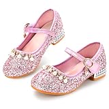 Qimaoo Girls Dress Shoes Mary Jane Princess Shoes Girls' Flats Glitter Low Heels Flower Wedding Party Footwear - 6 Toddler (739 Pink)