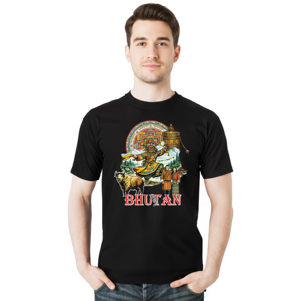 Bhutan Themed Graphic T-Shirt for Men, Black, Cultural Print, Casual Wear - Review, Price and Buying Guide