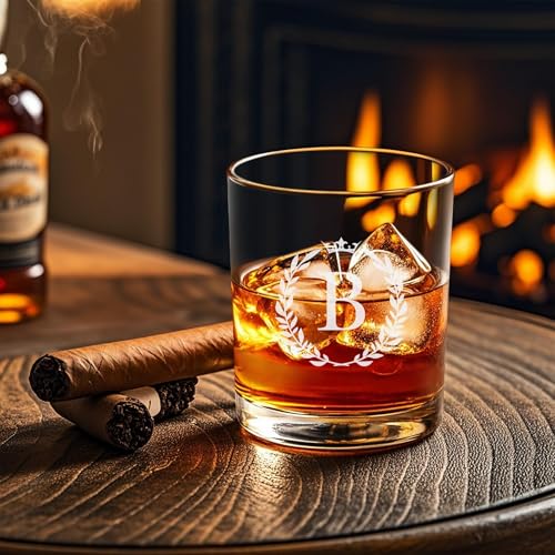 Image of Personalized Whiskey Glasses Gifts for Men, Monogrammed Engraved A-Z 10.6 oz Rocks Glass Customized Gift, Unique Christmas Birthday Gifts for Men Him Dad Husband Brother Son (B)