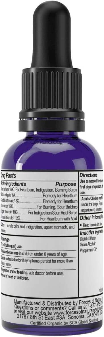 Forces of Nature Heartburn Relief, Organic Homeopathic Medicine, 0.34 Fl Oz, Multi Symptom Relief from Acid Reflux, GERD, Indigestion, Upset Stomach, Bloating, Gas and Sour Acid Burps (1 Fl OZ)