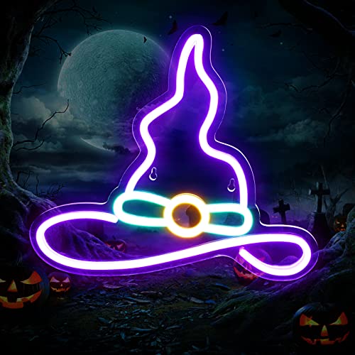 Image of Halloween Witch Neon Sign - IMEGINA Dimmable Wizard Hat Neon Signs for Wall Decor 13.3x11.8 Inch, USB Powered LED Neon Light for Bedroom Party Decor Kids Game Room Bar, Purple