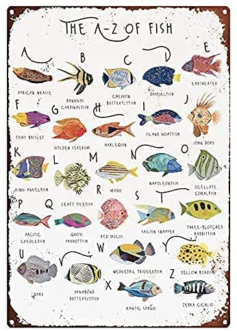 Tomlinsony Bathroom A-Z of Fish, Types of Fish, Nautical Print Metal Tin Sign Bar Home Decor Coffee Art Farm Wall Decor Poster 8x12 Inch
