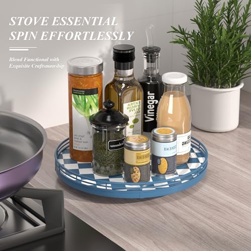 Image of Premium Rubber Wood Lazy Susan Turntable, Blue White Checkerboard Decorative Serving Tray, Hand-Welded Metal Railing, Stable Rotating Organizer for Dining Table, Kitchen Counter, Coffee Table Decor