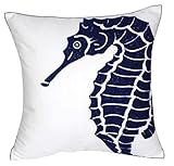 DECOPOW Embroidered Nautical Decor Pillow Cover,Square 18 Inches Decorative Canvas Pillow Cover for Nautical Style Deco by (Navy-Seahorse-New)