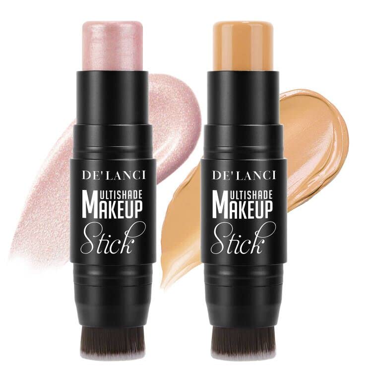 Contour Highlighter Makeup Stick, DE’LANCI 2 PCS Cream Contour Highlighter Sticks with Brush, New Updated Moisturize Highlighter and Concealer Stick, Face Contour Concealer Makeup For Light Fair Skin