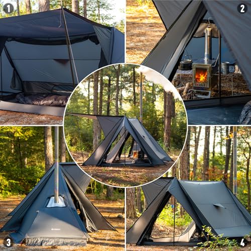 Image of POMOLY Hot Tent Bushcraft Tent, STOVEHUT 20 Ultralight Shelter with 4 Poles for 1-2 Person Camping, Hiking, Backpacking (Blue Grey)