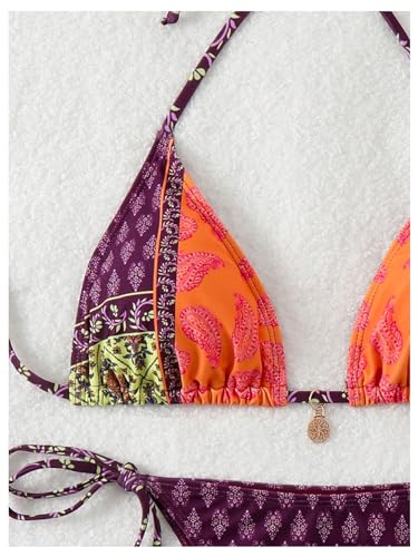 Verdusa Women's 2 Piece Paisley Print Swimsuit Boho Halter Backless High Cut String Bikini Set3