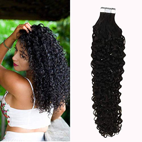 16 Inch Thick to End Curly Hair Extensions Seamless Skin Weft Tape on Hair Extensions Kinky Curly Color #1B Unprocessed Remy Human Hair 20pcs/50g Glue in Real Hair Extensions