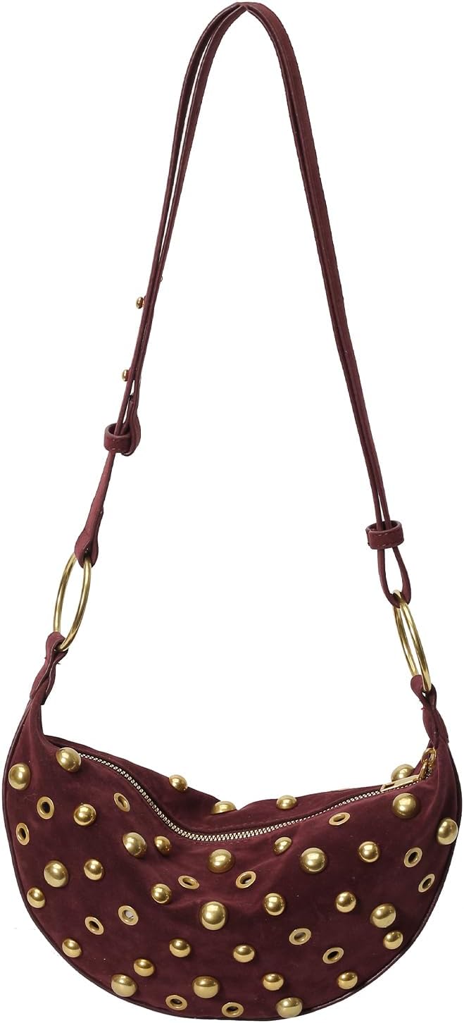 Studded Purse Trendy Studded Handbag Hobo Crescent Bags Y2K Shoulder Bag Suede Purses for Women