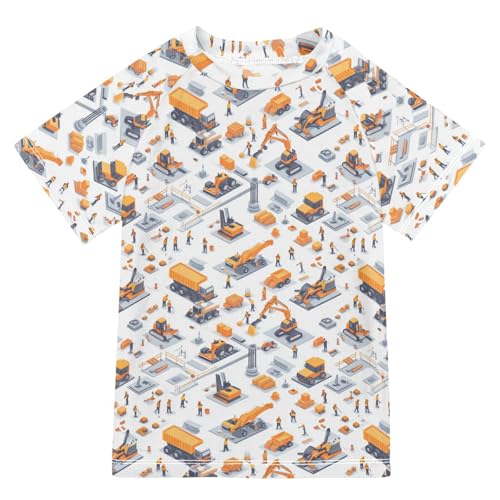 KLL Girl Bathing Suit Short Sleeve Girl Swim Rashguard 7T Construction Scene Build Schools Grader Excavator