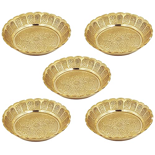 Shubhkart Nakshi Teller für Pooja, Dekoration, Geschenk, 4,3 Zoll Durchmesser (groß 11cm, 5 Stück, Messing massiv) Cover