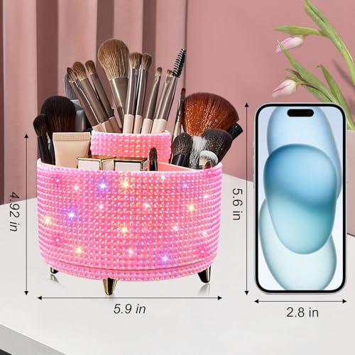 Image of Diesisa Bling Diamond 360 Makeup Brush Holder Organizer, Rotating Makeup Brush Organizer,5 Slot Make up Brushes Cup for Cosmetics, Vanity Desktop Organizer, Gift for Women Teen Girls- Diamond Pink