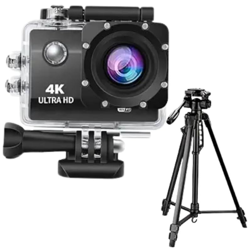 Drumstone Combo Pack of 2 Items- Touch Screen Sports Action Camera, 4K 170 Degree Wide Angle WiFi HD Cam, 16MP with Presenting Professional Three-Dimensional Tripod 3388 Head Height Metal Camera