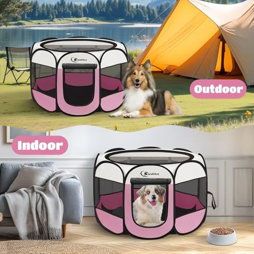 Image of Siedihit Pink Puppy Playpen for Large Dog Cat, Dog Tent Crates Cage Indoor /Outdoor, Portable Pop Up Dog Kennel with Carrying Bag for Rabbits, (Pink, Large)