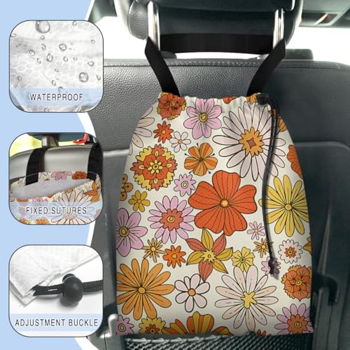 Image of Car Trash Bag Hanging Back of Seat Waterproof Small Cute Printed One-Handed Strap Drawstring Garbage Bags for Car-Colorful Flower
