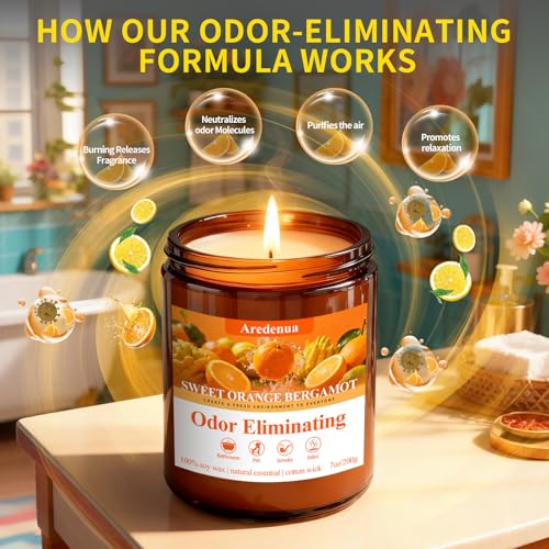 Image of Sweet Orange Bergamot Odor Eliminating Candle | Eliminates 95% of Pet, Smoke, Food, and Other Smells Quickly | 7oz Soy Candle for Home Scented | Air Freshening Scented Candle for Positive & Relax