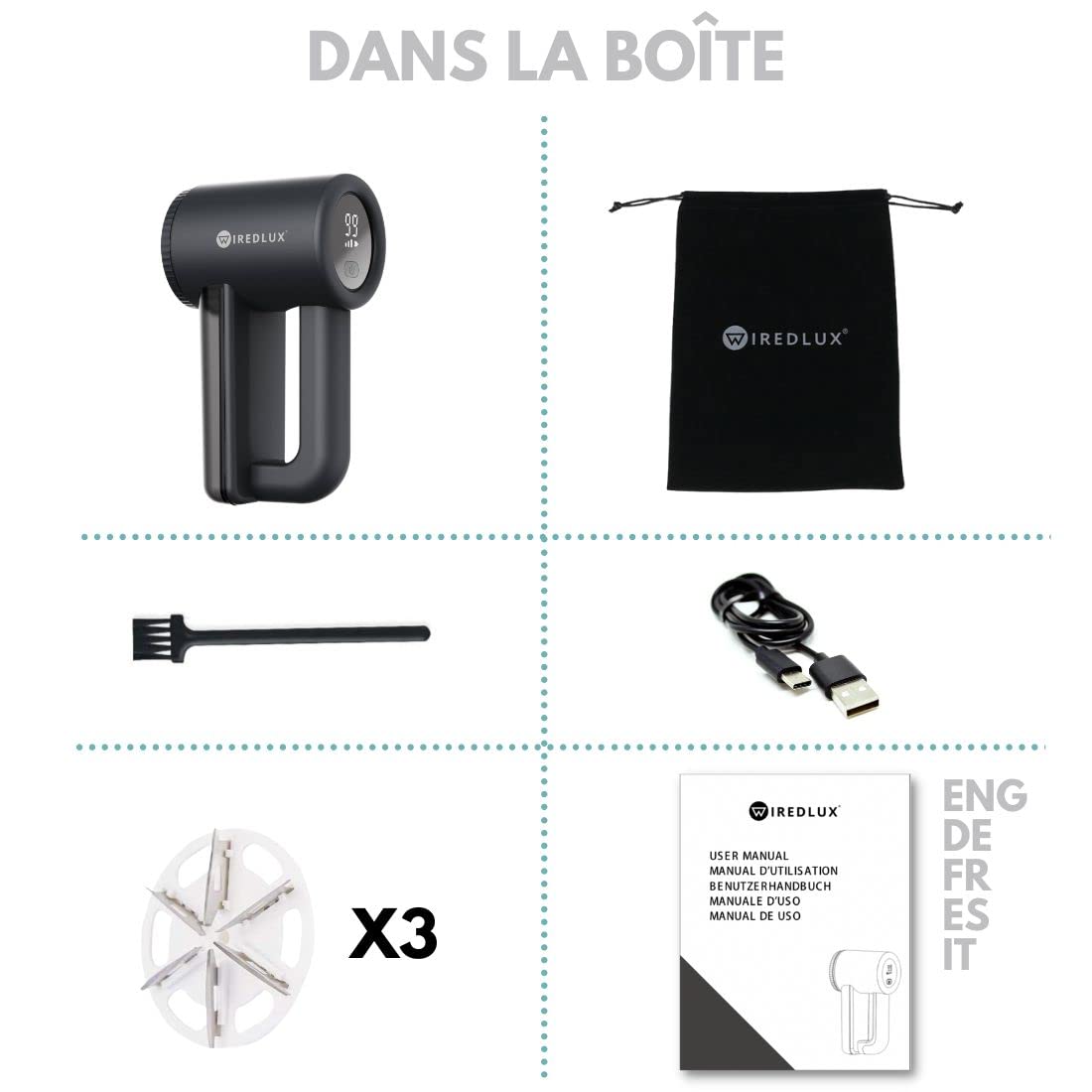 Rasoir Anti Bouloche Électrique WiredLux - Machine Anti Peluche Rechargeable pour Vêtement & Maison - Appareil Coupe Bouloches à 3 Vitesses, Lame à 6 Branches, Dual Protection